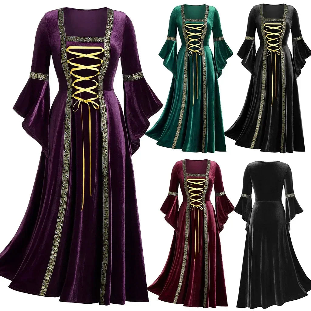 Women’s Gothic Halloween Costume Dress – Long Sleeve Medieval Vampire Witch Cosplay Vintage Victorian Bandage Gown | Spooky Cove