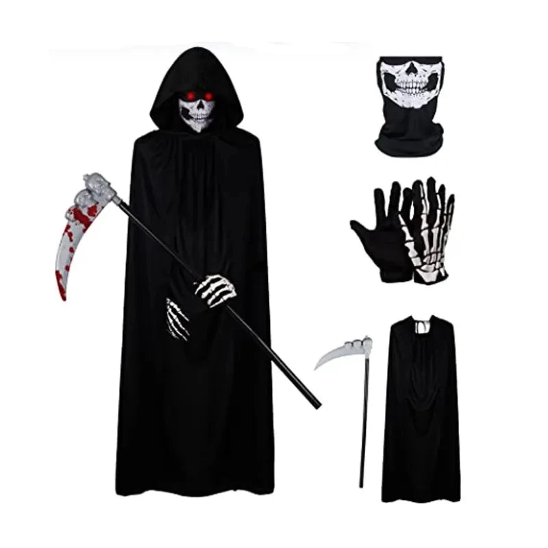 Grim Reaper Halloween Costume 2025 β Kids & Adult Skeleton Robe with Hood & Sickle Scythe | Spooky Cove