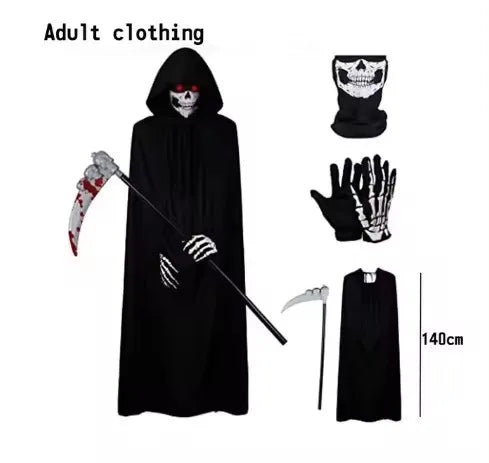 Grim Reaper Halloween Costume 2025 β Kids & Adult Skeleton Robe with Hood & Sickle Scythe | Spooky Cove