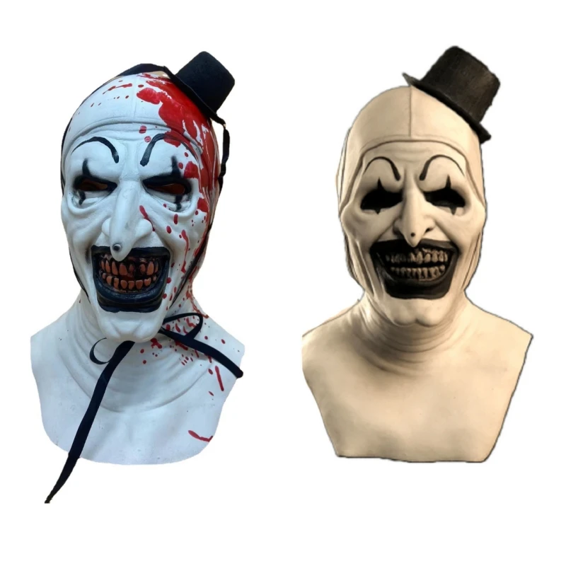 Scary Clown Latex Mask with Hat – Terrifier Horror Halloween Party Mask for Cosplay & Costume Props