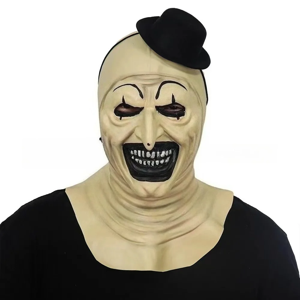 Scary Clown Latex Mask with Hat – Terrifier Horror Halloween Party Mask for Cosplay & Costume Props