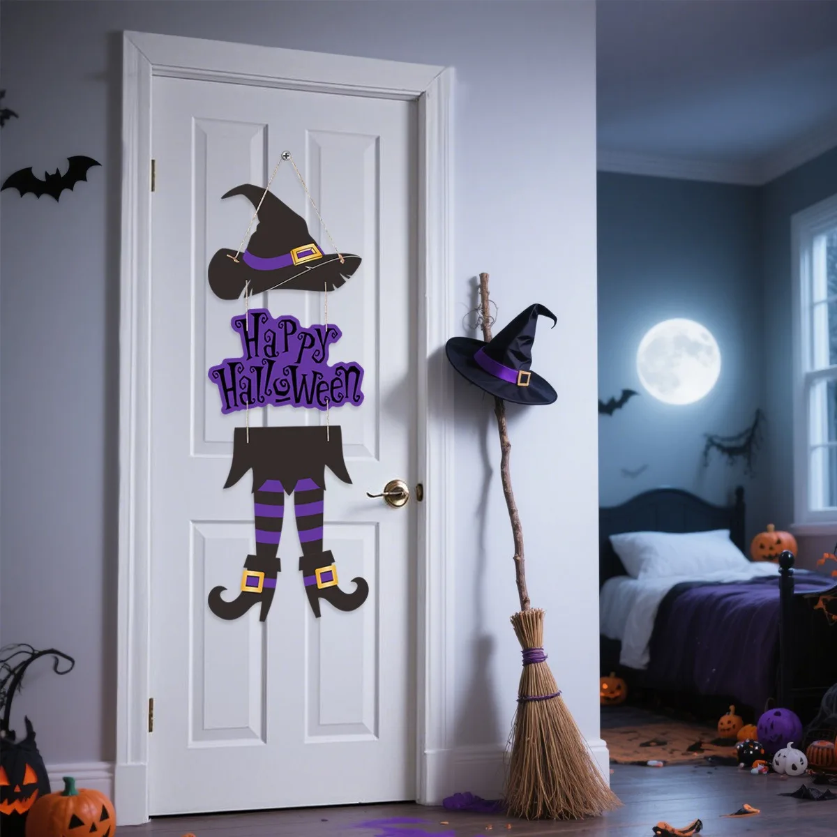 Halloween Witch Leg Hat Door Sign – Trick or Treat Hanging Pendant for Kids, Ghost Festival Party Décor & Happy Halloween 2025 Decorations