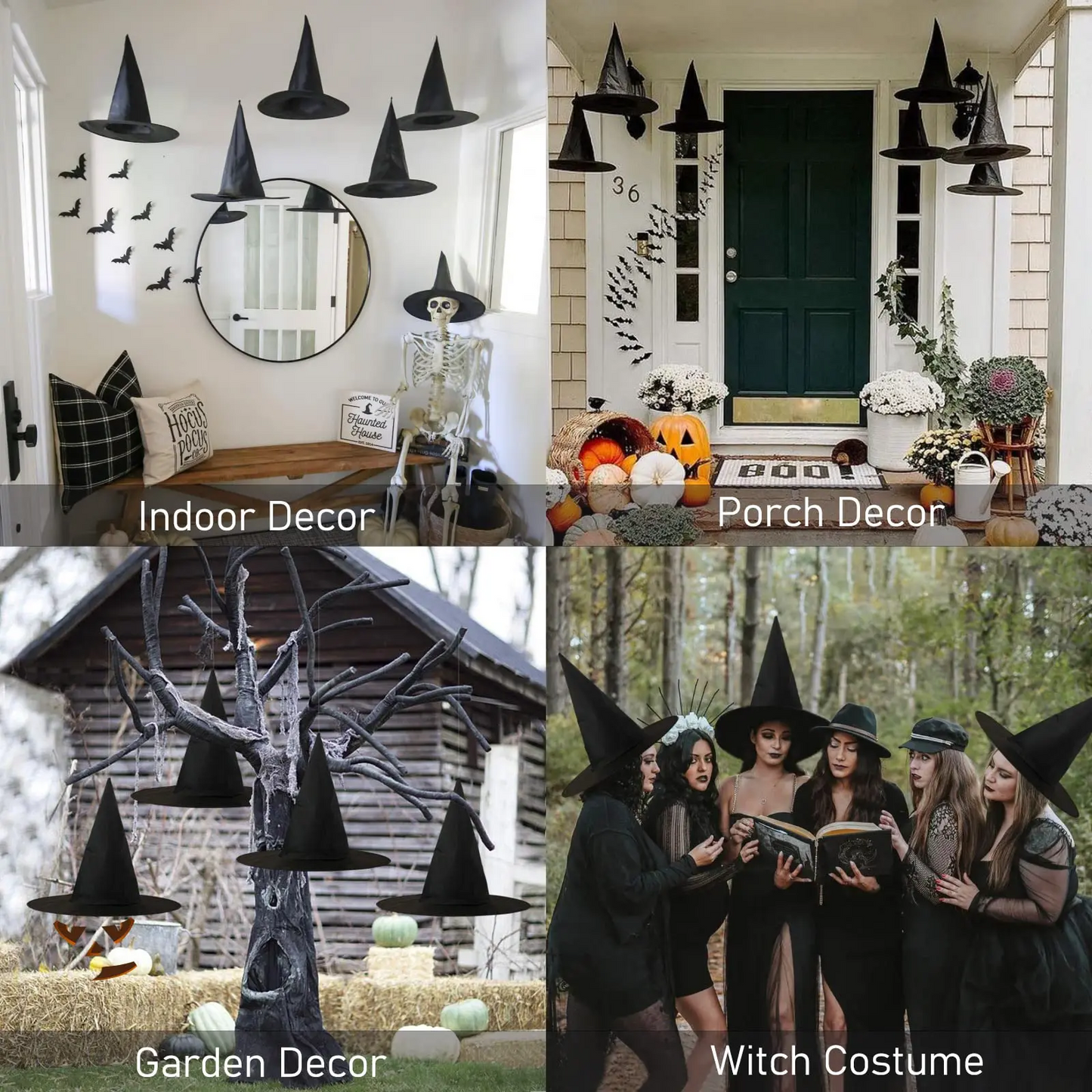 12–100 PCS Halloween Hanging Witch Hats – Black Wizard Costume Hat with Rope, Floating Hats for Home, Haunted House & Party Decorations