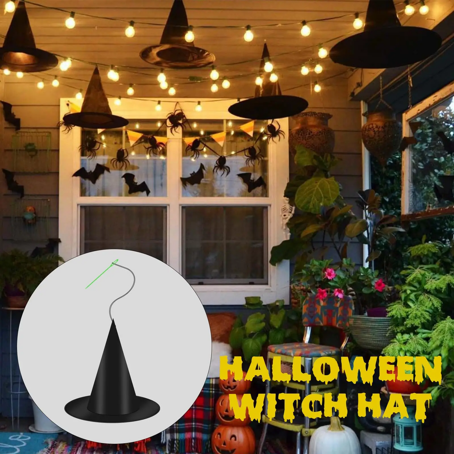 12–100 PCS Halloween Hanging Witch Hats – Black Wizard Costume Hat with Rope, Floating Hats for Home, Haunted House & Party Decorations