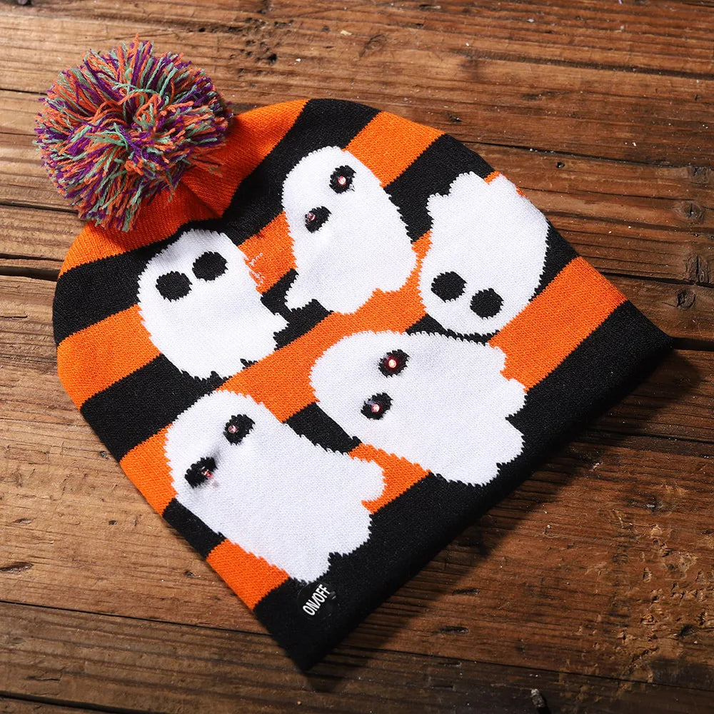 Halloween LED Knit Hat – Light-Up Skull & Ghost Beanie for Kids & Adults Party Supplies | Spooky Cove
