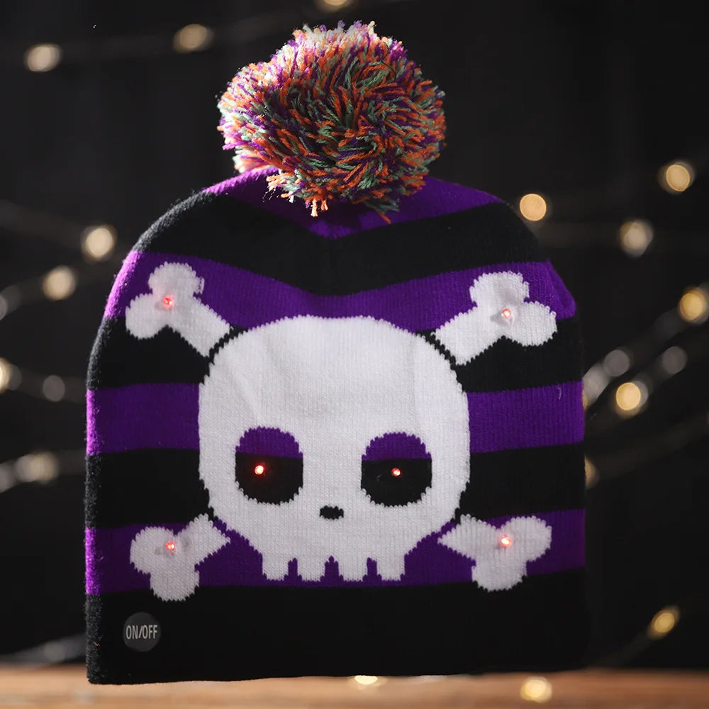 Halloween LED Knit Hat – Light-Up Skull & Ghost Beanie for Kids & Adults Party Supplies | Spooky Cove