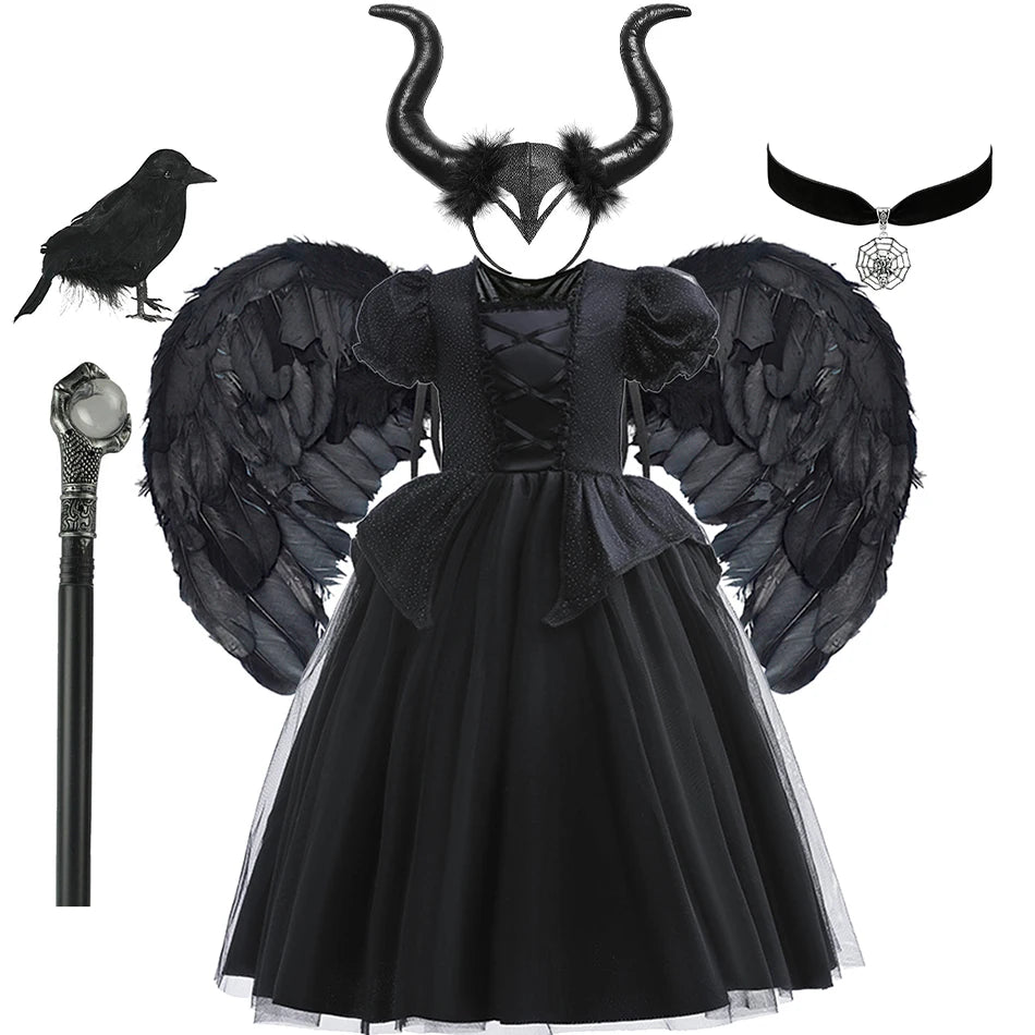 Kids Black Witch Halloween Costume – Luxury Lace & Sequin Evil Queen Dress, Maleficent Ghost Bride Outfit | Spooky Cove