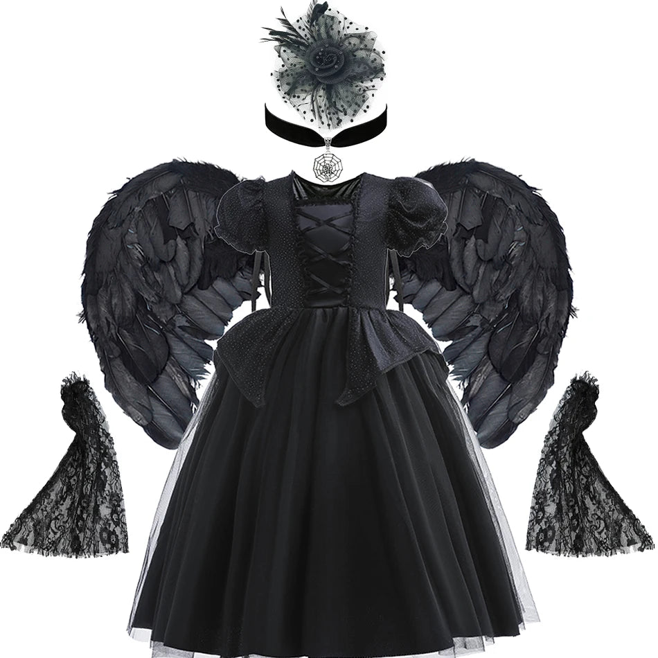 Kids Black Witch Halloween Costume – Luxury Lace & Sequin Evil Queen Dress, Maleficent Ghost Bride Outfit | Spooky Cove