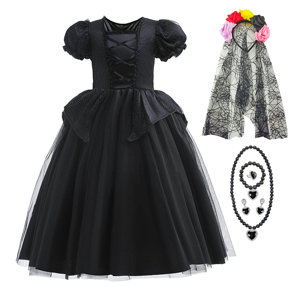 Kids Black Witch Halloween Costume – Luxury Lace & Sequin Evil Queen Dress, Maleficent Ghost Bride Outfit | Spooky Cove