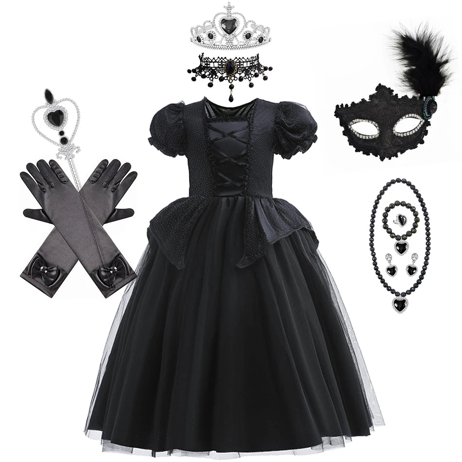 Kids Black Witch Halloween Costume – Luxury Lace & Sequin Evil Queen Dress, Maleficent Ghost Bride Outfit | Spooky Cove