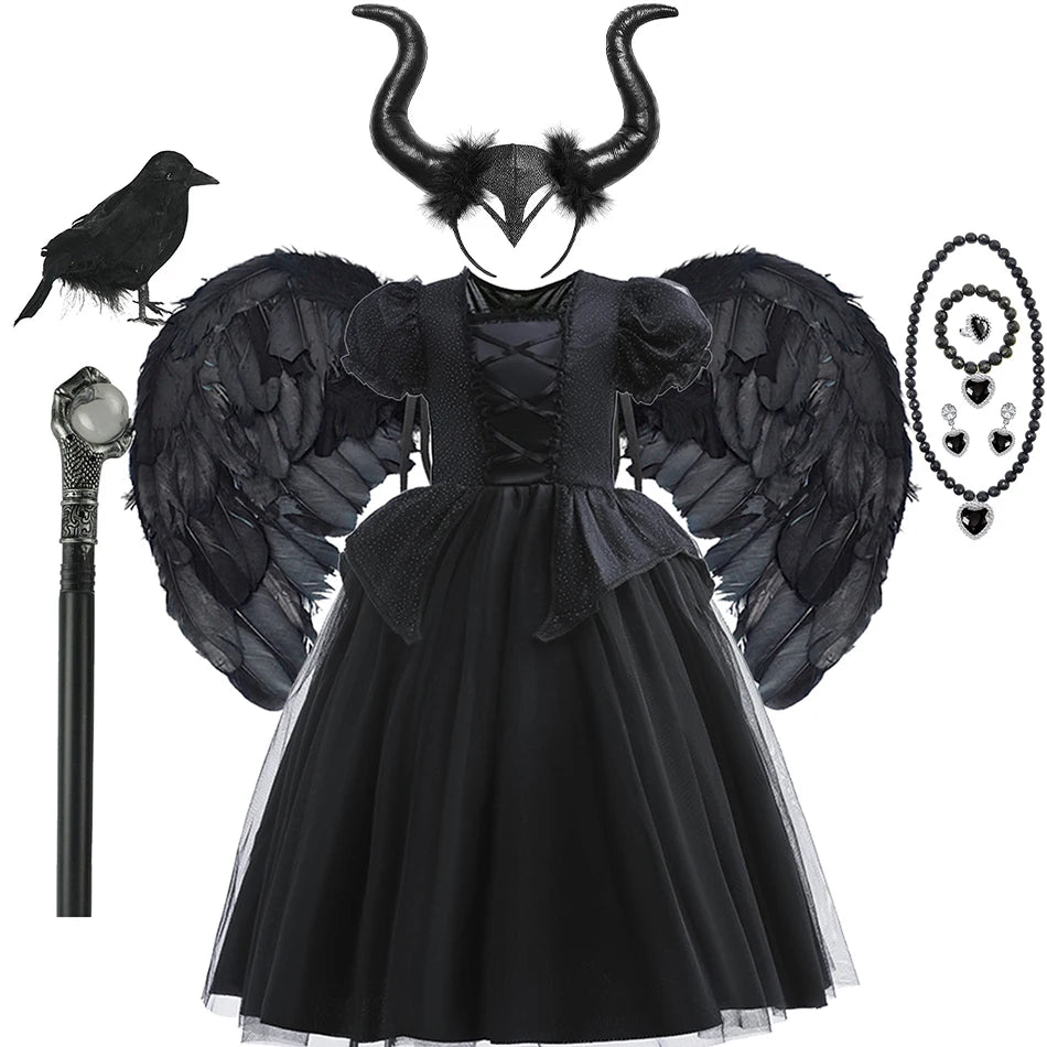 Kids Black Witch Halloween Costume – Luxury Lace & Sequin Evil Queen Dress, Maleficent Ghost Bride Outfit | Spooky Cove
