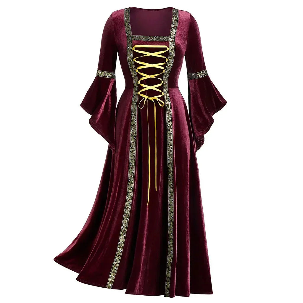 Women’s Gothic Halloween Costume Dress – Long Sleeve Medieval Vampire Witch Cosplay Vintage Victorian Bandage Gown | Spooky Cove