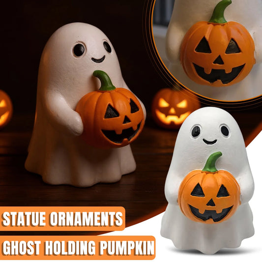 Halloween Ghost with Pumpkin Statue – Handmade Holiday Decoration & Spooky Collectible Gift | Spooky Cove