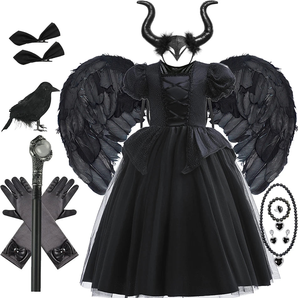 Kids Black Witch Halloween Costume – Luxury Lace & Sequin Evil Queen Dress, Maleficent Ghost Bride Outfit | Spooky Cove