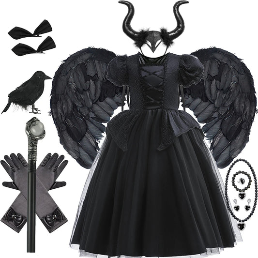 Kids Black Witch Halloween Costume – Luxury Lace & Sequin Evil Queen Dress, Maleficent Ghost Bride Outfit | Spooky Cove