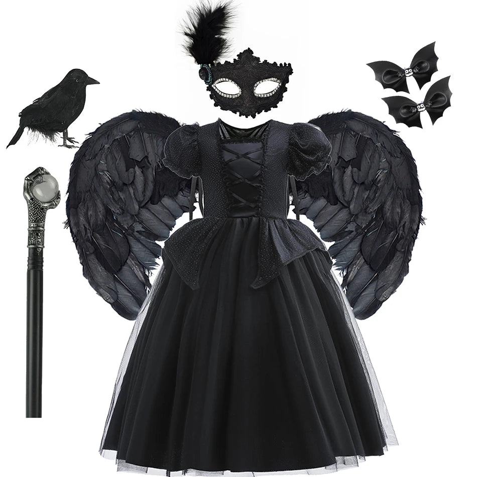 Kids Black Witch Halloween Costume – Luxury Lace & Sequin Evil Queen Dress, Maleficent Ghost Bride Outfit | Spooky Cove