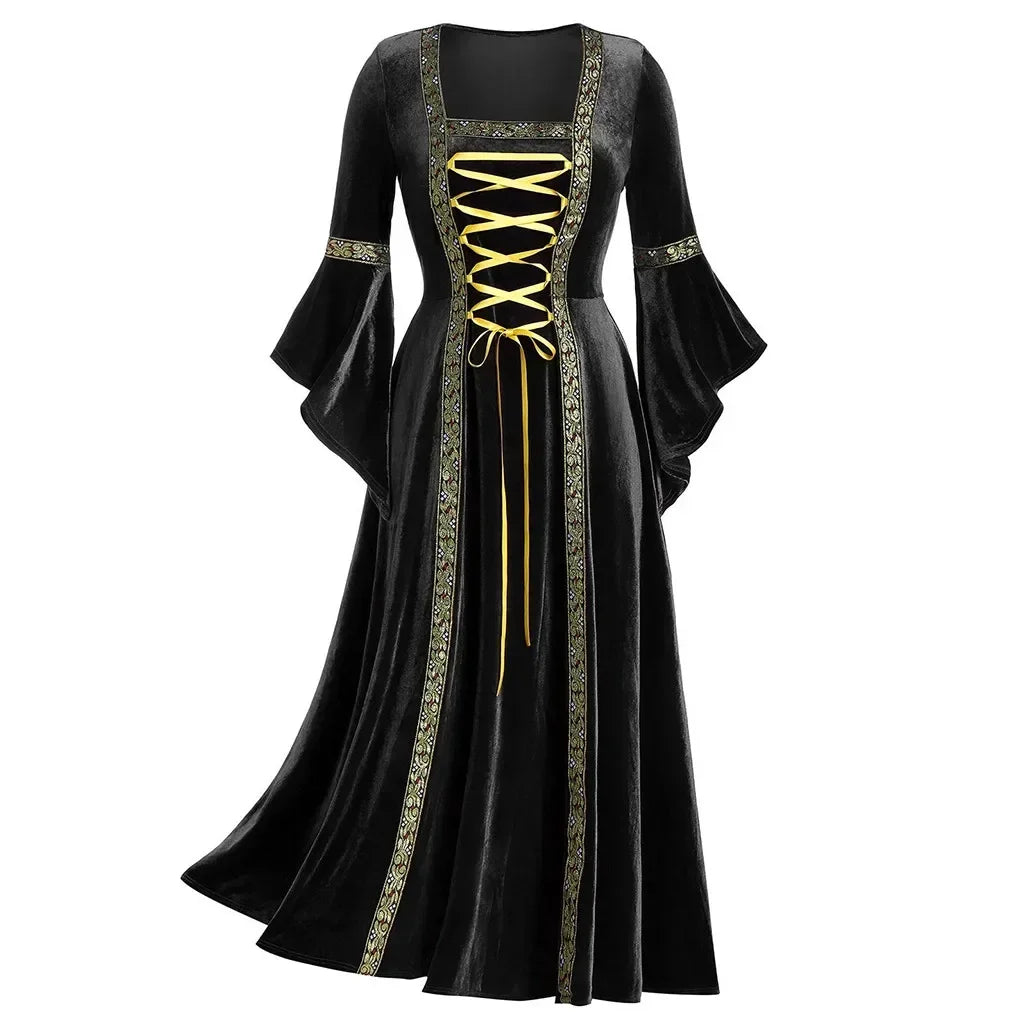 Women’s Gothic Halloween Costume Dress – Long Sleeve Medieval Vampire Witch Cosplay Vintage Victorian Bandage Gown | Spooky Cove