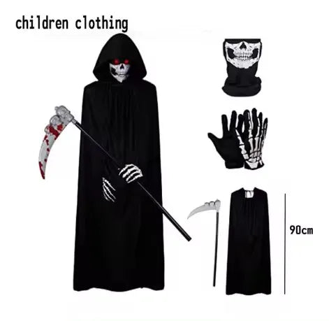 Grim Reaper Halloween Costume 2025 – Kids & Adult Skeleton Robe with Hood & Sickle Scythe | Spooky Cove