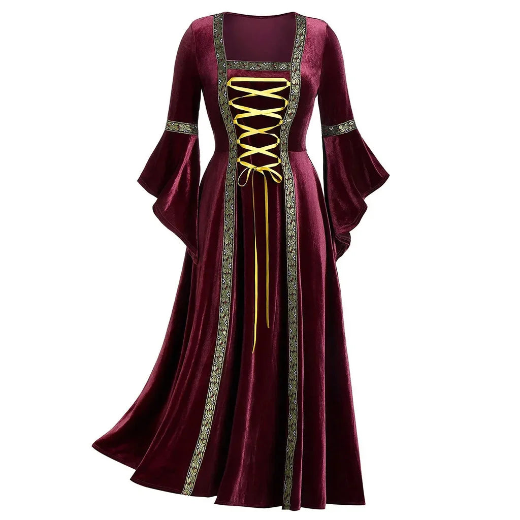 Women’s Gothic Halloween Costume Dress – Long Sleeve Medieval Vampire Witch Cosplay Vintage Victorian Bandage Gown | Spooky Cove