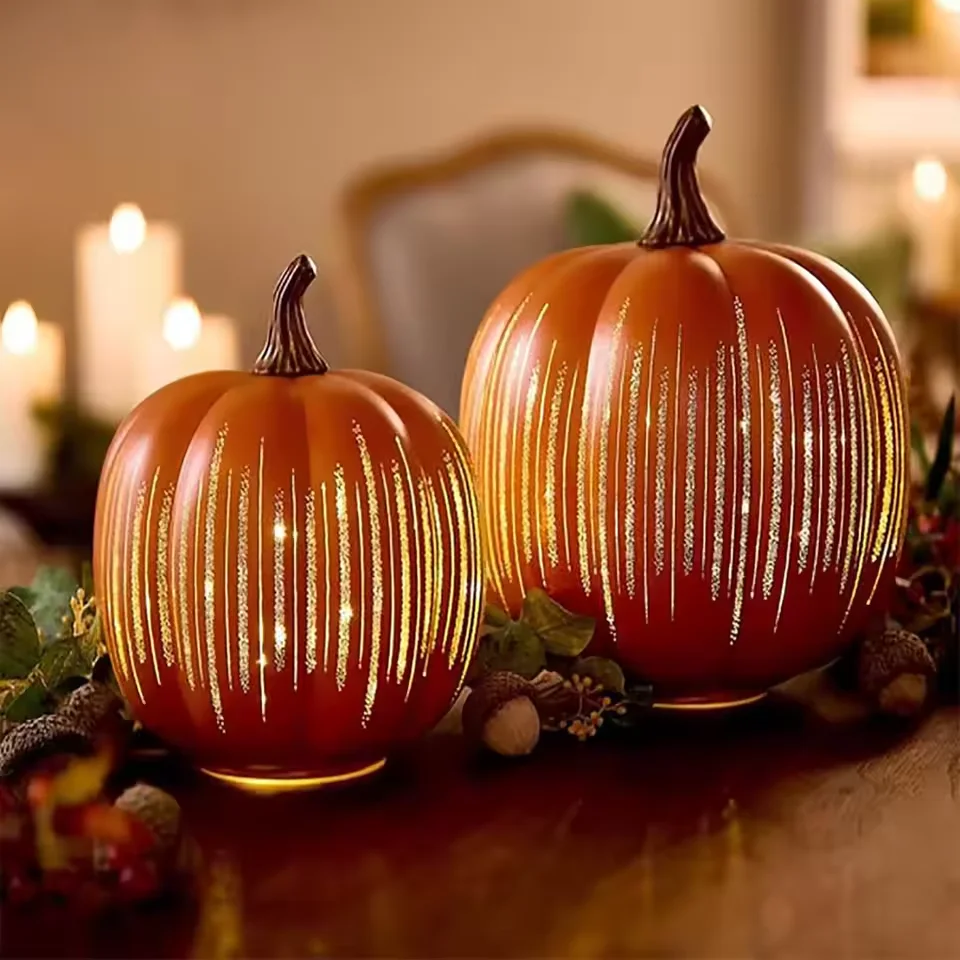 Halloween Pumpkins Lamp – Twinkle LED Lighted Glass Pumpkin with Timer | Sparkling Starry Night Holiday Festive Décor