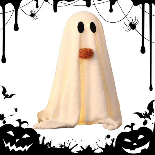 Halloween Sherpa Ghost with Pumpkin – Cute LED Light Ghost Tabletop Ornament for Party, Home, Kitchen & Fireplace Décor