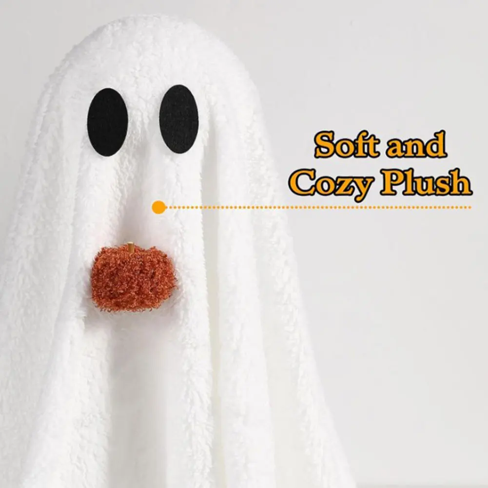 Halloween Sherpa Ghost with Pumpkin – Cute LED Light Ghost Tabletop Ornament for Party, Home, Kitchen & Fireplace Décor