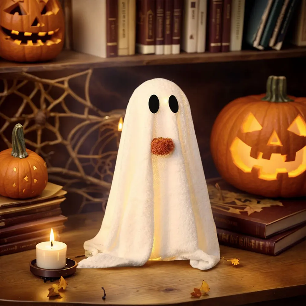 Halloween Sherpa Ghost with Pumpkin – Cute LED Light Ghost Tabletop Ornament for Party, Home, Kitchen & Fireplace Décor