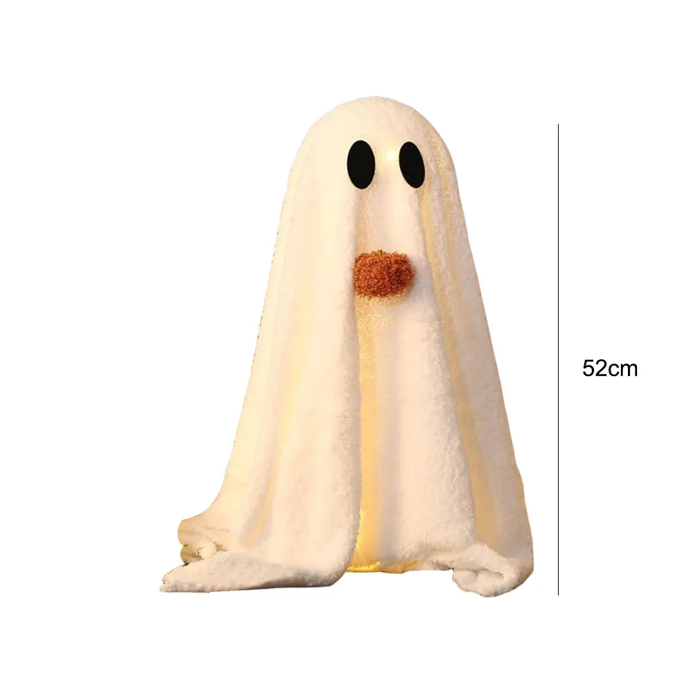 Halloween Sherpa Ghost with Pumpkin – Cute LED Light Ghost Tabletop Ornament for Party, Home, Kitchen & Fireplace Décor