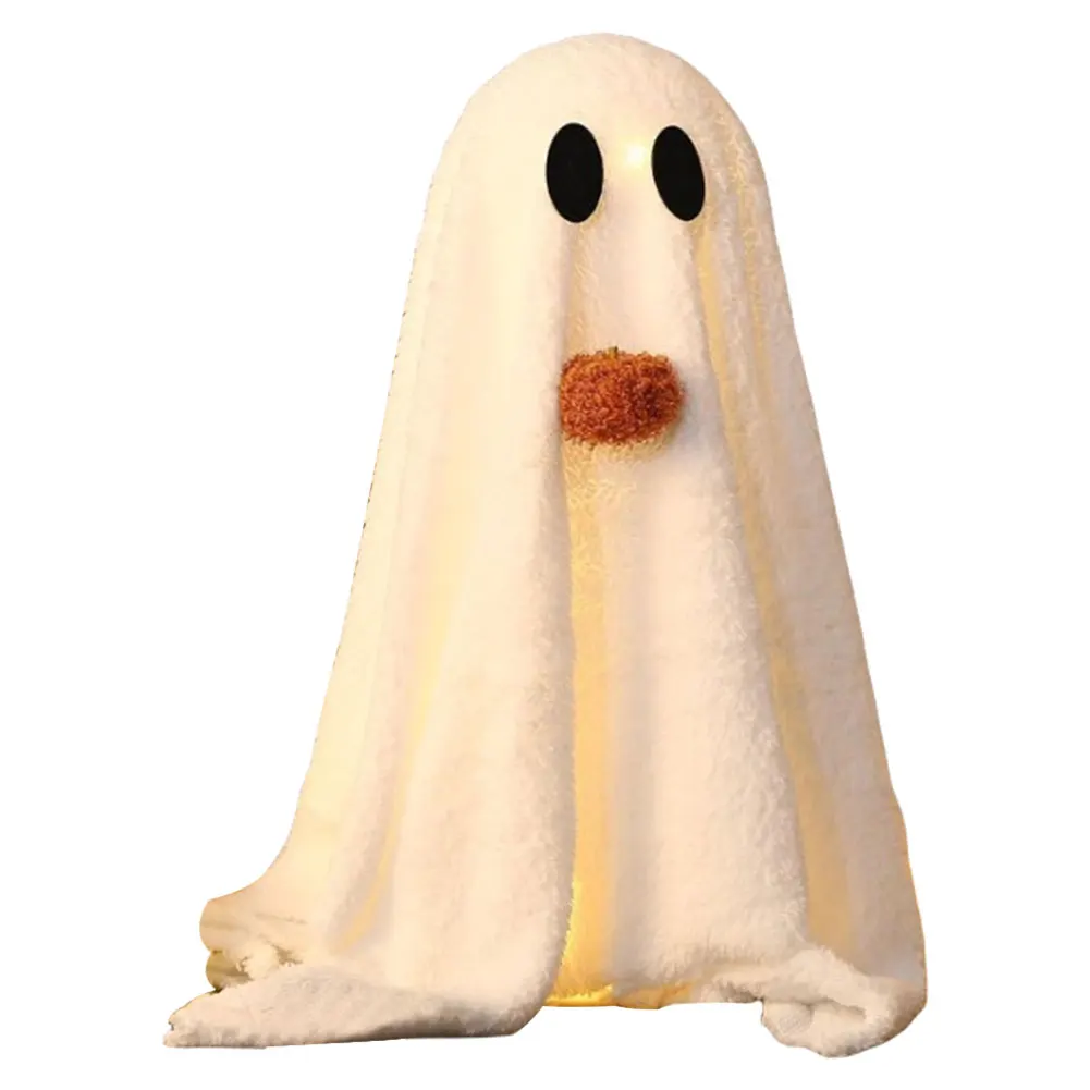 Halloween Sherpa Ghost with Pumpkin – Cute LED Light Ghost Tabletop Ornament for Party, Home, Kitchen & Fireplace Décor