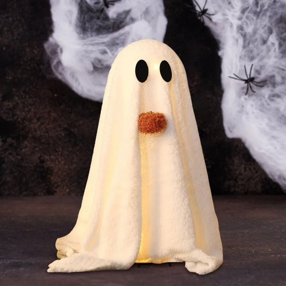 Halloween Sherpa Ghost with Pumpkin – Cute LED Light Ghost Tabletop Ornament for Party, Home, Kitchen & Fireplace Décor