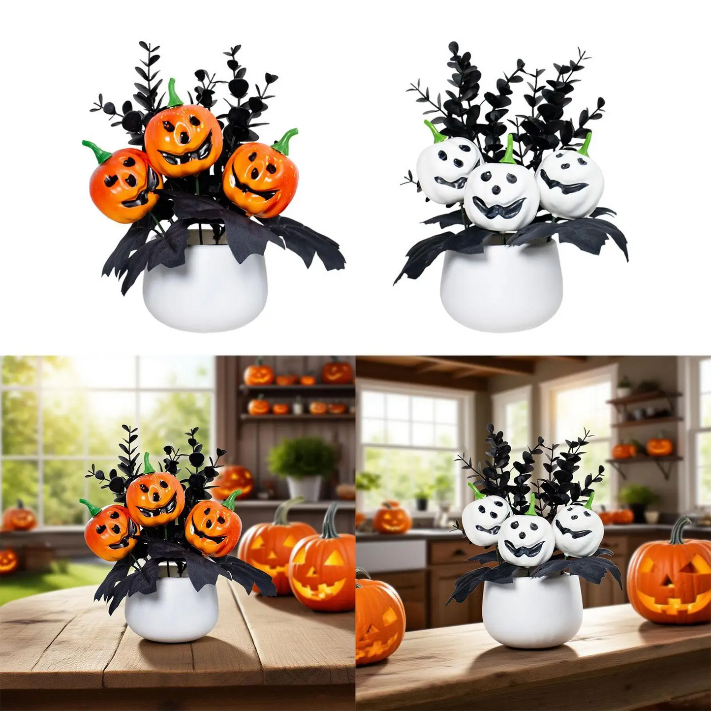 Halloween Pumpkin Table Centerpiece – Decorative Faux Plant Tabletop Ornament for Indoor, Fireplace, Window & Holiday Décor