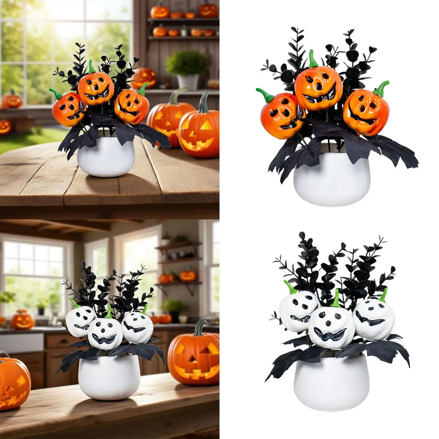 Halloween Pumpkin Table Centerpiece – Decorative Faux Plant Tabletop Ornament for Indoor, Fireplace, Window & Holiday Décor