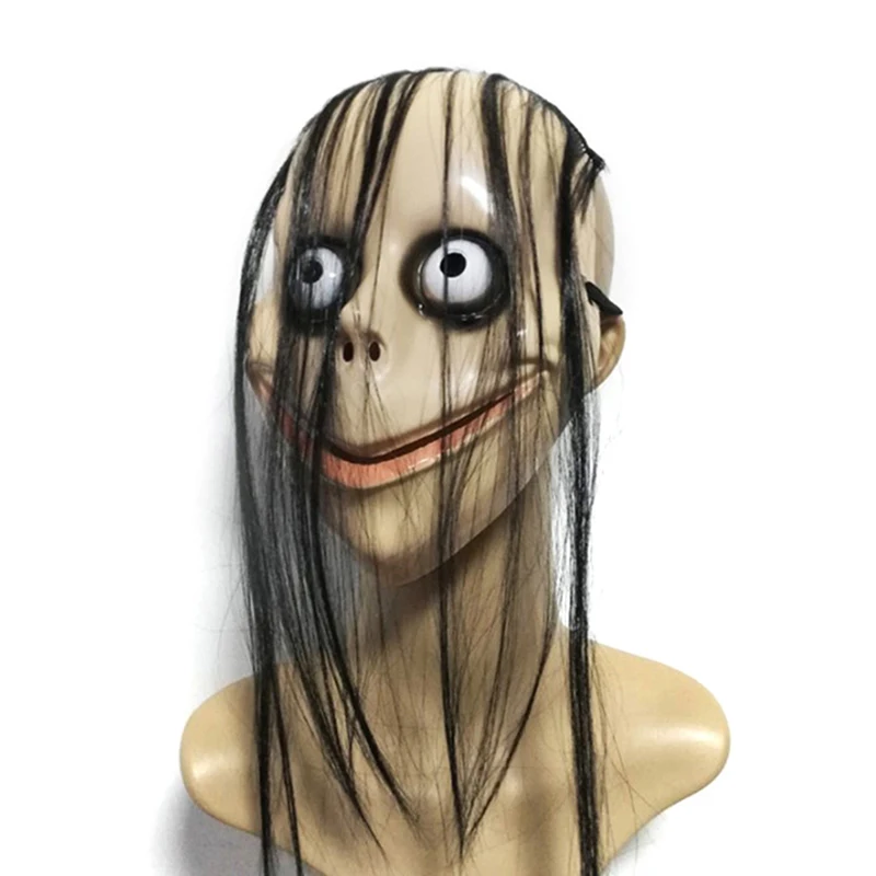 Halloween Horror Mask with Long Hair – Scary Female Ghost MoMo Cosplay Mask with V-Shaped Mouth