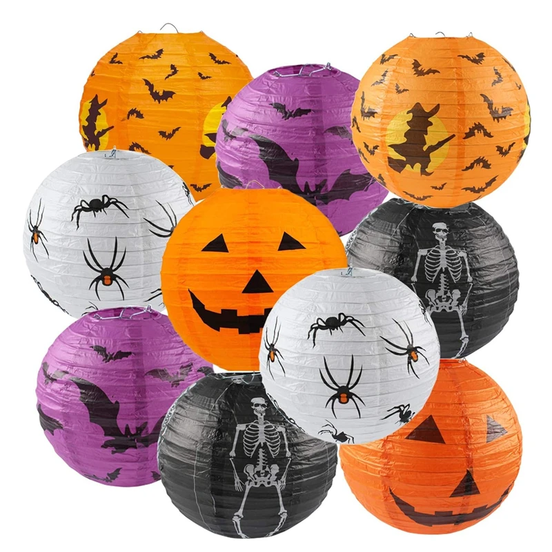 10PCS Halloween Hanging Paper Lanterns – 8" Jack-O'-Lantern, Spider & Skeleton Decorations for Indoor/Outdoor Party Lighting & Home Décor