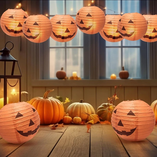 10PCS Halloween Hanging Paper Lanterns – 8" Jack-O'-Lantern, Spider & Skeleton Decorations for Indoor/Outdoor Party Lighting & Home Décor