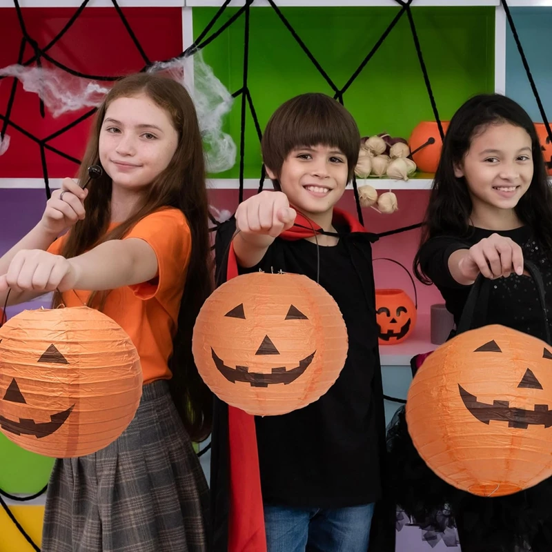 10PCS Halloween Hanging Paper Lanterns – 8" Jack-O'-Lantern, Spider & Skeleton Decorations for Indoor/Outdoor Party Lighting & Home Décor