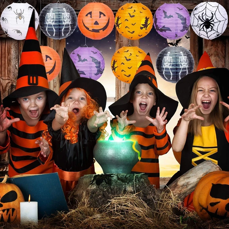 10PCS Halloween Hanging Paper Lanterns – 8" Jack-O'-Lantern, Spider & Skeleton Decorations for Indoor/Outdoor Party Lighting & Home Décor