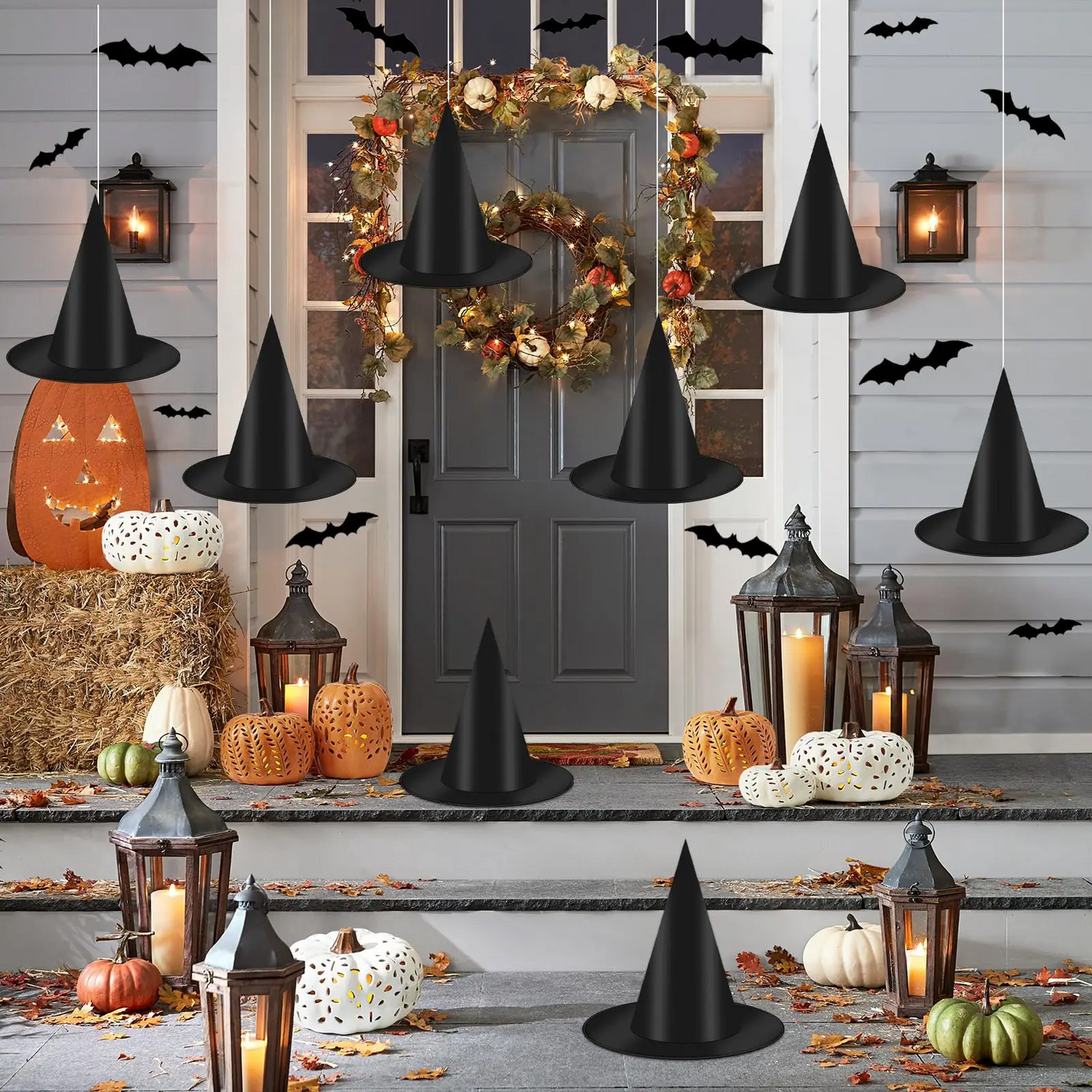 12–100 PCS Halloween Hanging Witch Hats – Black Wizard Costume Hat with Rope, Floating Hats for Home, Haunted House & Party Decorations