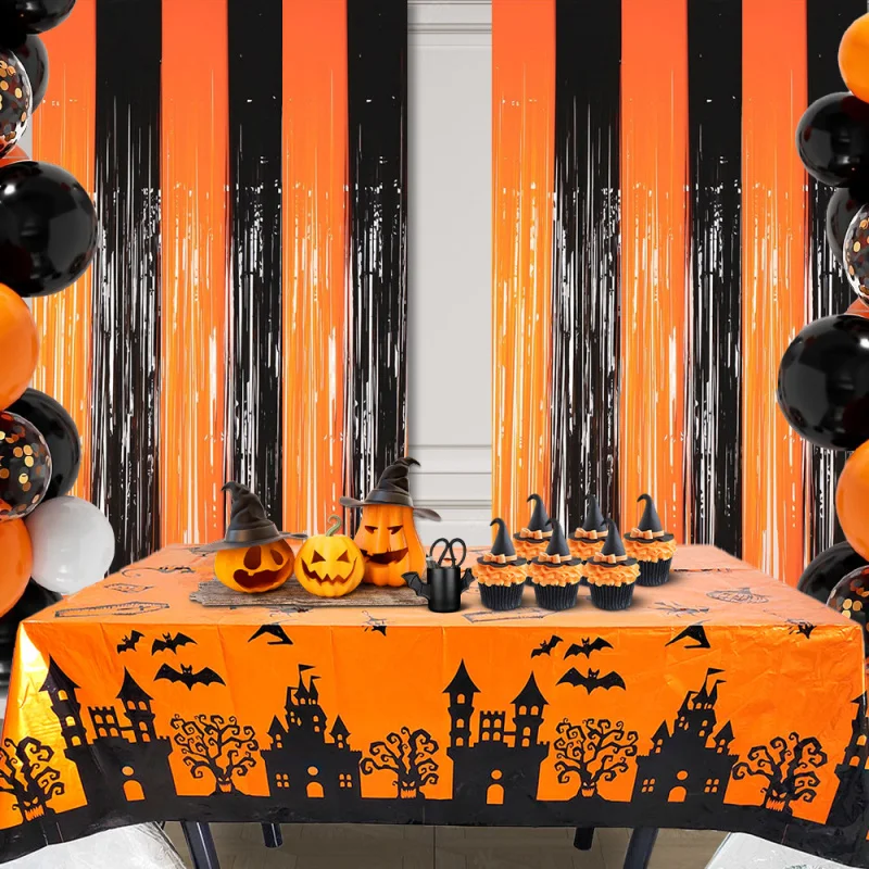 Halloween Blood Handprint Door Curtain – Orange & Black Rain Silk Curtain, Scary Horror Atmosphere Props for Party & Haunted House Decorations