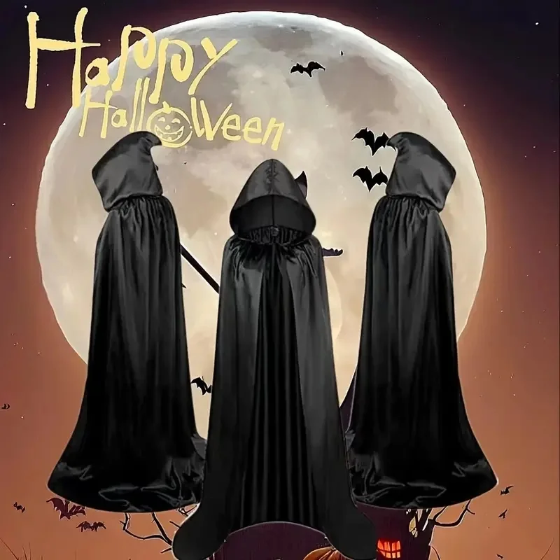 Halloween Cloak – Soft Unisex Hooded Black Robe Long Witch Cape for Cosplay, Party & Holiday Decoration